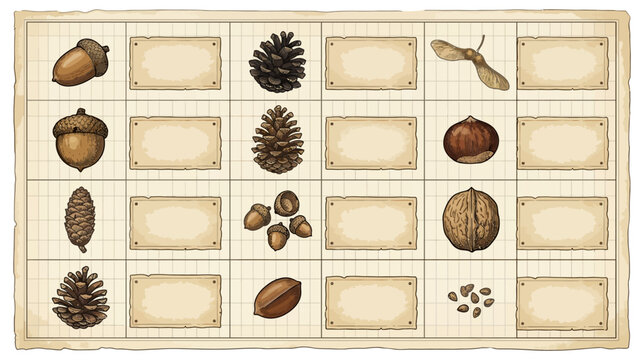 Vintage Botanical Collection of Forest Seeds and Nuts with Blank Labels on Aged Paper Background