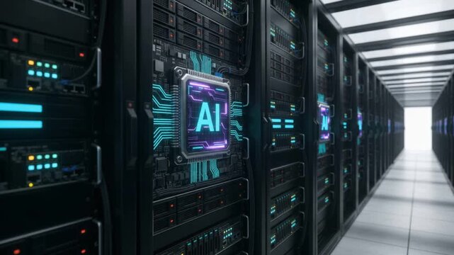 Futuristic Artificial Intelligence Processor Display Inside Modern Enterprise Data Center Server Room with Advanced Cloud Computing Infrastructure