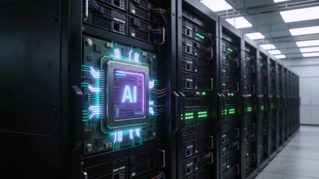 Futuristic Artificial Intelligence Processor Display Inside Modern Enterprise Data Center Server Room with Advanced Cloud Computing Infrastructure