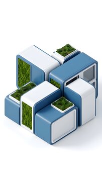 Corporate Blue Biophilic Modular Home 3D Render