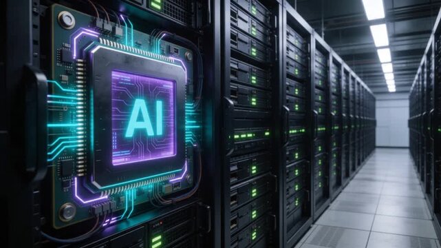 Futuristic Artificial Intelligence Processor Display Inside Modern Enterprise Data Center Server Room with Advanced Cloud Computing Infrastructure