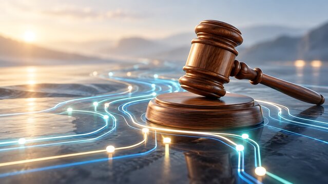 Wooden gavel resting on a surface with glowing circuit lines, a concept image of AI governance and regulation