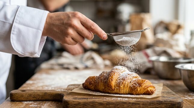Baker dusting croissant with powdered sugar in kitchen, close-up