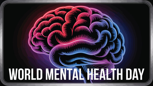 World Mental Health Day Neon Brain Illustration with Colorful Glowing Effects