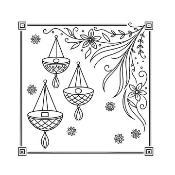 Traditional Indian Diwali decorative frame with hanging oil lamps deepak and botanical floral vines line art illustration
