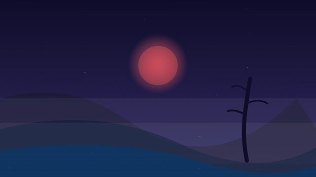 Minimalist flat design mountain landscape at night with full moon and stars animation loop