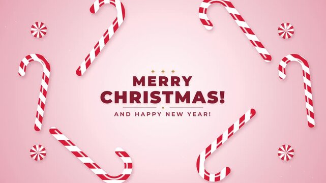 Animated sweet peppermint candy canes framing a cheerful Merry Christmas and Happy New Year greeting on pastel background in seamless 4K loop.