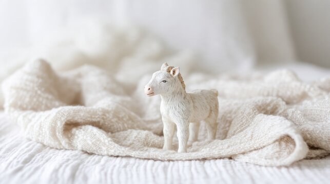 Ceramic foal figurine on wool blanket in home corner, calm small business blog concept