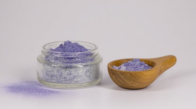 Glass jar of purple comfrey root powder with bowl, herbal remedy concept