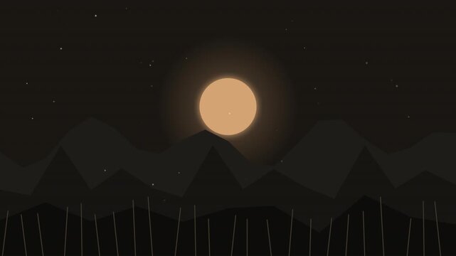 Minimalist flat design mountain landscape at night with full moon and stars animation loop