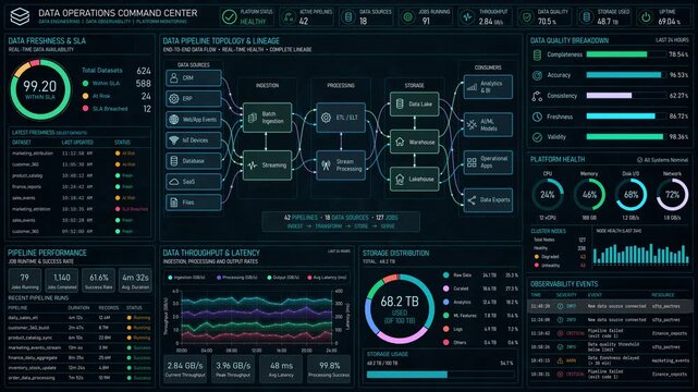 Motion graphic of a data operations dashboard featuring data pipeline topology, data quality monitoring, and animated performance charts for enterprise analytics presentations.