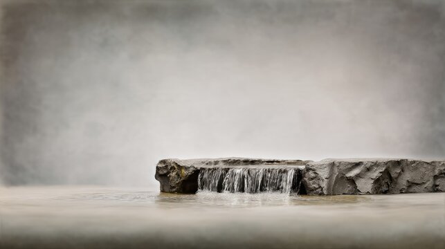 Miniature rocky waterfall into small pool on tabletop, calm water feature concept