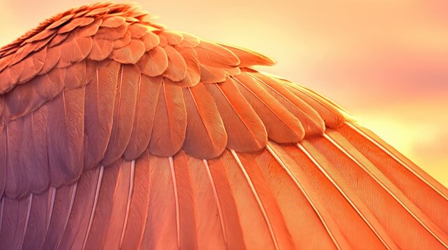 Overlapping bird wingtips in V-formation against warm sunset sky, teamwork and unity in nature concept
