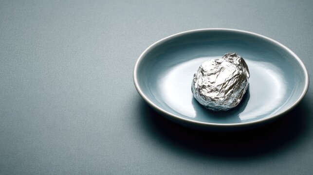 Iron plate in blue ceramic tray with silver coating, efficient industrial process concept