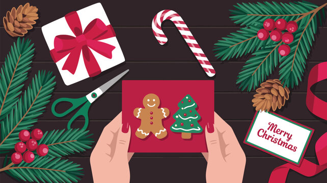 Christmas Greeting Card Illustration with Gift Box, Candy Cane and Festive Botanical Decorations