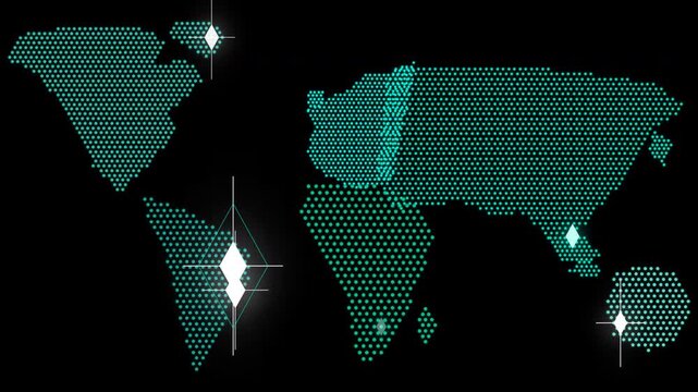 Global digital network map with flashing nodes on black background. 4K video