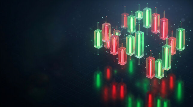 Glowing red and green glass candlestick chart on a dark background, suitable for market analysis, crypto trading and financial reports