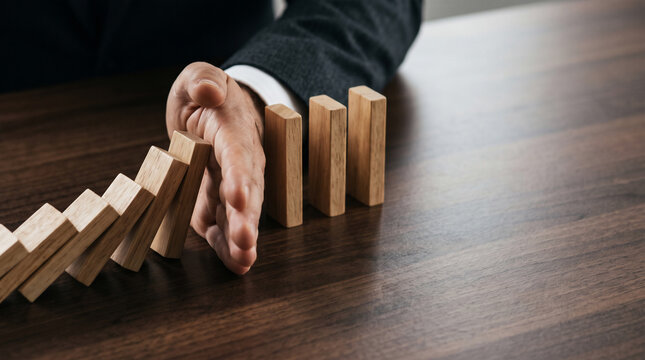 Hand stopping falling wooden blocks, preventing collapse on a dark wooden surface, concept for risk management, crisis intervention and business strategy implementation
