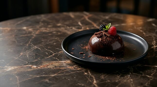 Gourmet chocolate mousse dome dessert with fresh berries on a dark