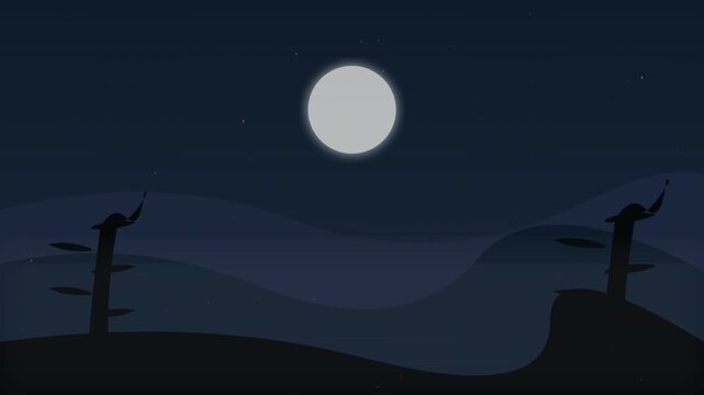 Minimalist flat design mountain landscape at night with full moon and stars animation loop