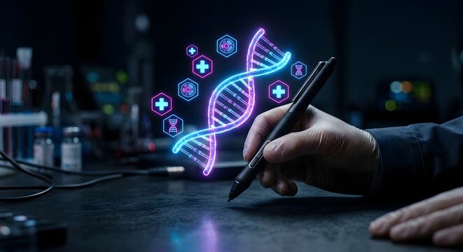 Scientist hand using stylus pen drawing glowing 3D DNA double helix genetic sequence in laboratory