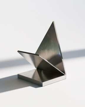 Minimalist smartphone stand made from folded anodized aluminum, floating viewing angle on clean white background