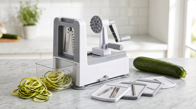 Modern vegetable spiralizer machine with fresh zucchini noodles and interchangeable blades on a kitchen counter for healthy cooking and meal prep