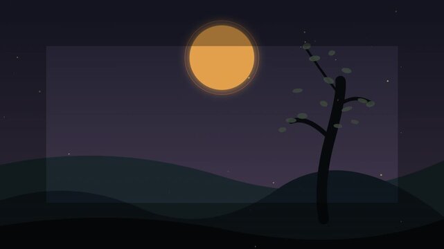 Minimalist flat design mountain landscape at night with full moon and stars animation loop