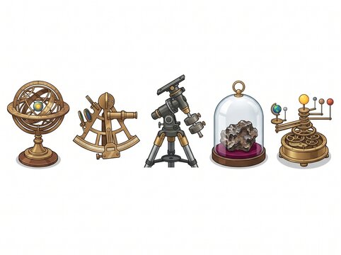 Set of vintage astronomy and science instruments armillary sphere sextant telescope meteorite orrery vector illustration
