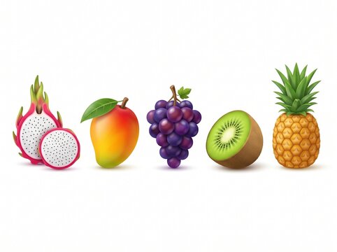 Set of fresh tropical fruits dragon fruit mango grape kiwi pineapple vector illustration
