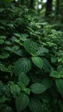 Lush green foliage growing in a dense forest environment.