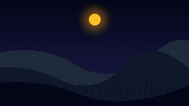 Minimalist flat design mountain landscape at night with full moon and stars animation loop