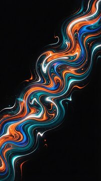 Abstract liquid wave background with vibrant orange and blue flowing colors on black.