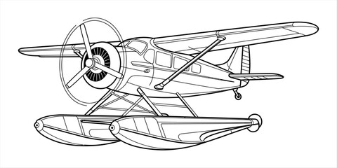 Black and white line drawing of a small vintage seaplane with a propeller engine and floats for water landing © Nayon