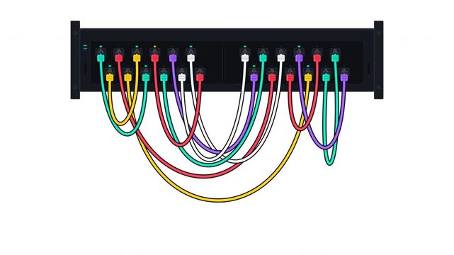 Network patch panels with colorful ethernet cables on white background. 4K video
