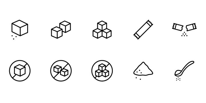 Sugar and Sweetener Sachet Line Icons Set. Powder, Salt, Flour, Spoon, Cooking Ingredients, Dessert and Food Packaging Vector Illustration Collection.