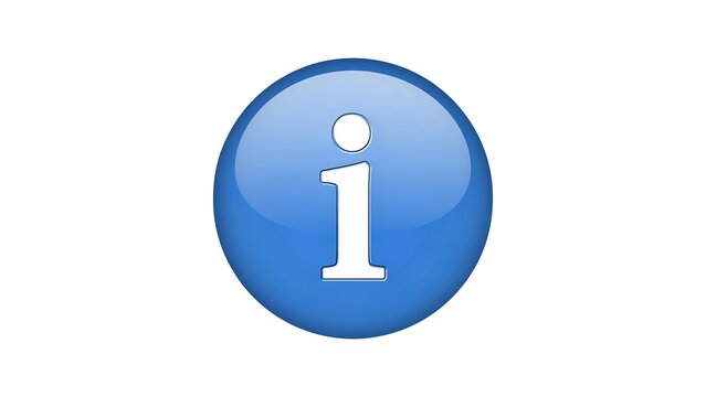 A glossy blue circular information icon button with a white letter i in the center isolated on white background