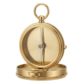 Brass pocket compass for hiking, isolated on transparent background
