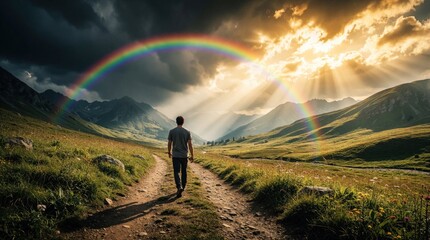 Naklejka premium Back view of man walking on dirt path toward large rainbow in mountain valley. Hiker carries backpack through green hills under bright sunbeams. Dramatic stormy sky meets golden sunlight after rain.