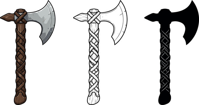 Set of medieval viking battle axe vector illustrations in color outline and solid silhouette styles isolated on white background