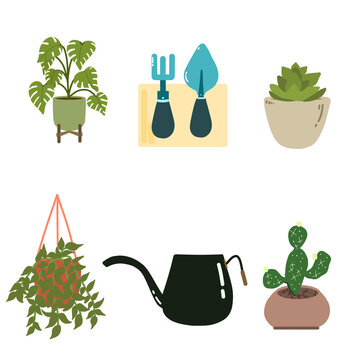 Houseplants and gardening vector icon set