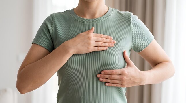 Woman performing breast self-examination for early detection of breast cancer.