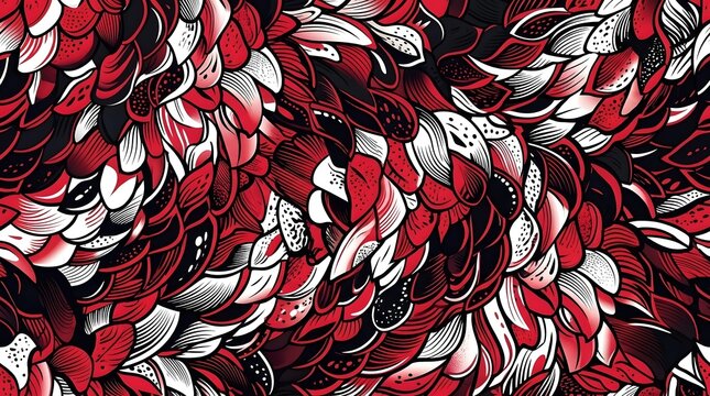 Abstract red and white feather pattern with intricate engraved texture and organic shapes for textile design and digital background