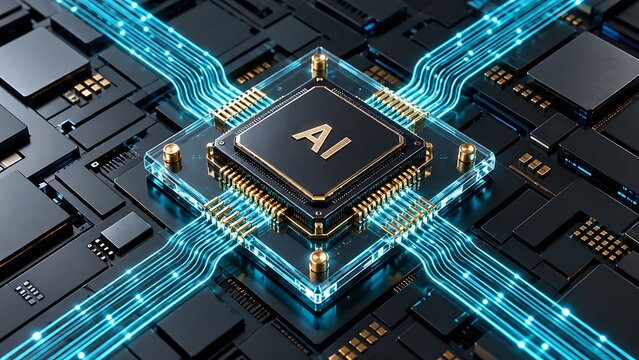 Futuristic Isometric Artificial Intelligence AI Processor Microchip Mounted on a Glowing Glass Motherboard with Blue Electric Circuitry and Golden Connectors, High-Tech Digital Computing Technology