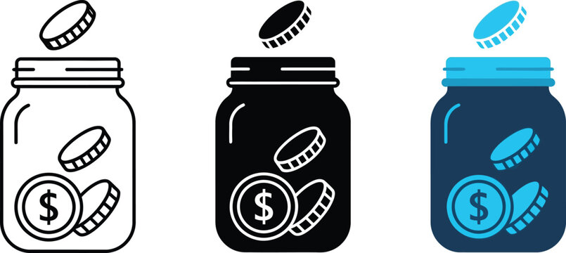Money saving glass jar icon set with falling coins in outline solid and colored styles