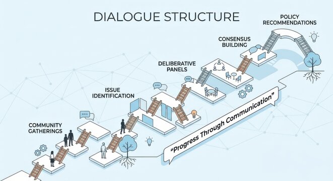 Diagram illustrating dialogue structure from issue identification to consensus building