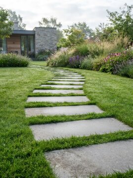 Modern Stone Pathway Through Lush Green Lawn Leading to a Stone Building.