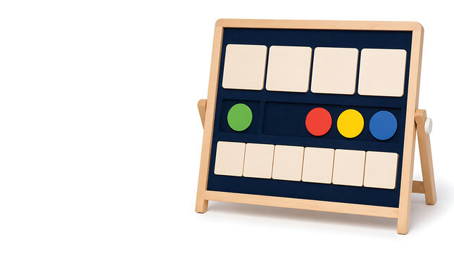 A wooden ten-frame counting board displays colorful circular tokens for math education.