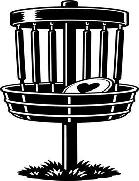 Disc golf basket with a heart disc resting in the chains basket in black and white woodcut vector style