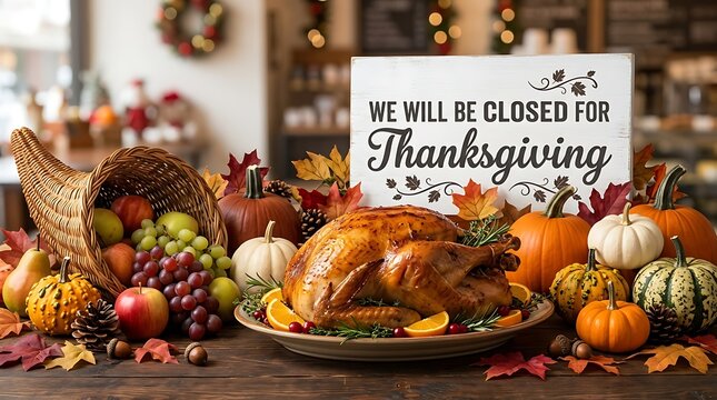 A bountiful thanksgiving feast and closure notice celebrating autumn's generosity and family time